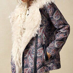 Navy Blue Casual Women's Jacket with Faux Fur Collar and Paisley Pattern